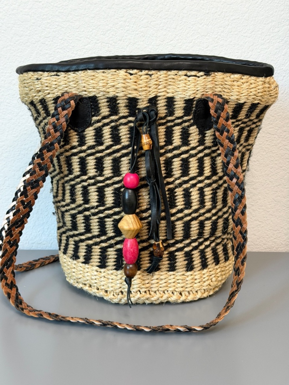 Patricia Nash Maya Natural Woven Tote Bucket Bag with Tassel and Braided Straps
